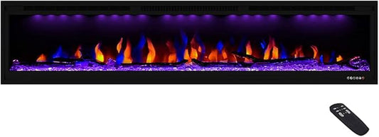 Luxurious 74" Electric Fireplace, Wall Mounted&in Wall Recessed Fireplace Heater, Adjustable Flame Color & Top Light, Remote&Touch Control with Timer&Thermostat, Log & Crystal Set