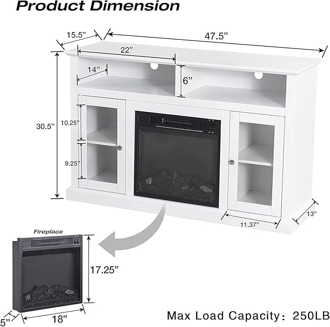Modern Electric Fireplace TV Stand for TV's Up to 55" Media Entertainment Center Console with Insert Fireplace and Adjustable Shelves, Storage Cabinet Chest for Living Room (White, 55 inch)