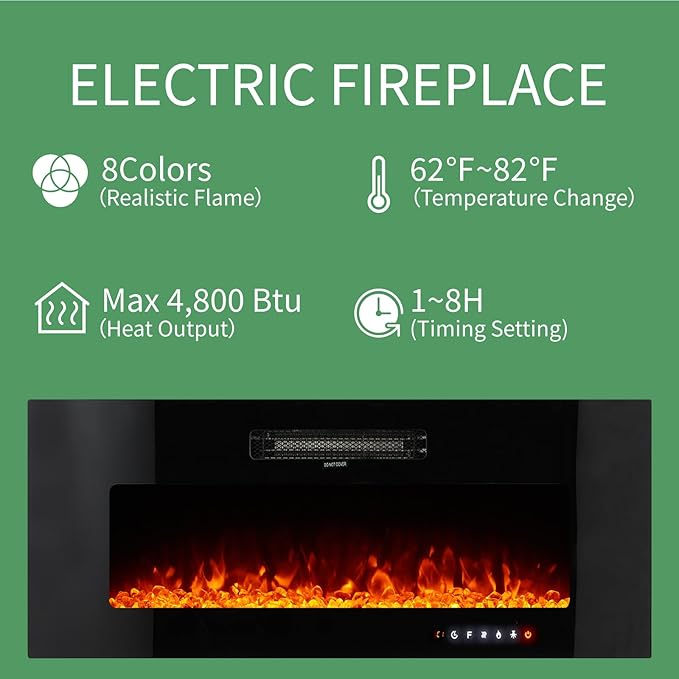 AMERLIFE High Gloss Living Room Entertainment Center with LED Lights, Including Floating Fireplace TV Stand with 40" Electric Fireplace & 2 Bookcases with Glass Doors, White