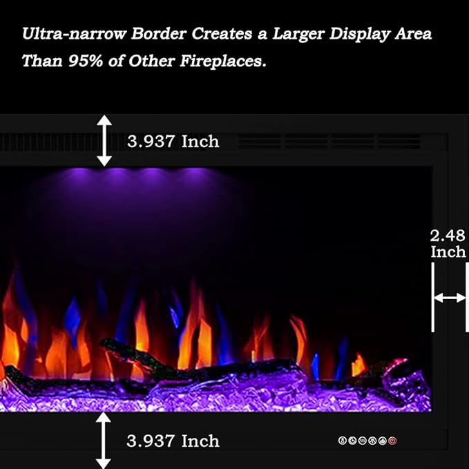 Luxurious 74" Electric Fireplace, Wall Mounted&in Wall Recessed Fireplace Heater, Adjustable Flame Color & Top Light, Remote&Touch Control with Timer&Thermostat, Log & Crystal Set
