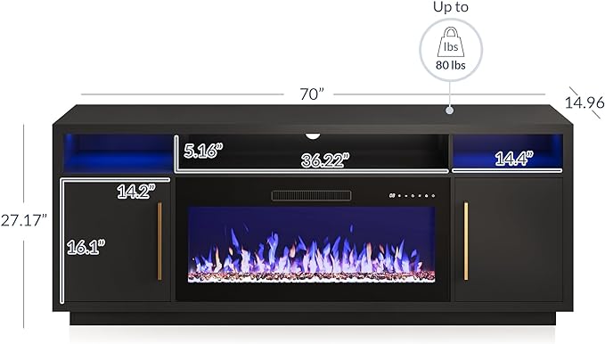 BELLEZE 70" Fireplace TV Stand for TVs Up to 75", LED Light Entertainment Center with 36" Electric Fireplace Heater, Storage Cabinet, Media Console Table for Living Room - Avenue (Black)