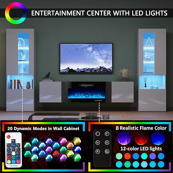AMERLIFE High Gloss Living Room Entertainment Center with LED Lights, Including Floating Fireplace TV Stand with 40" Electric Fireplace & 2 Bookcases with Glass Doors, White
