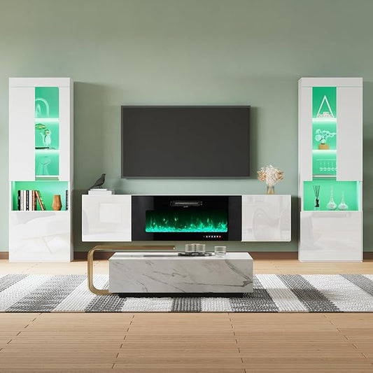 AMERLIFE High Gloss Living Room Entertainment Center with LED Lights, Including Floating Fireplace TV Stand with 40" Electric Fireplace & 2 Bookcases with Glass Doors, White