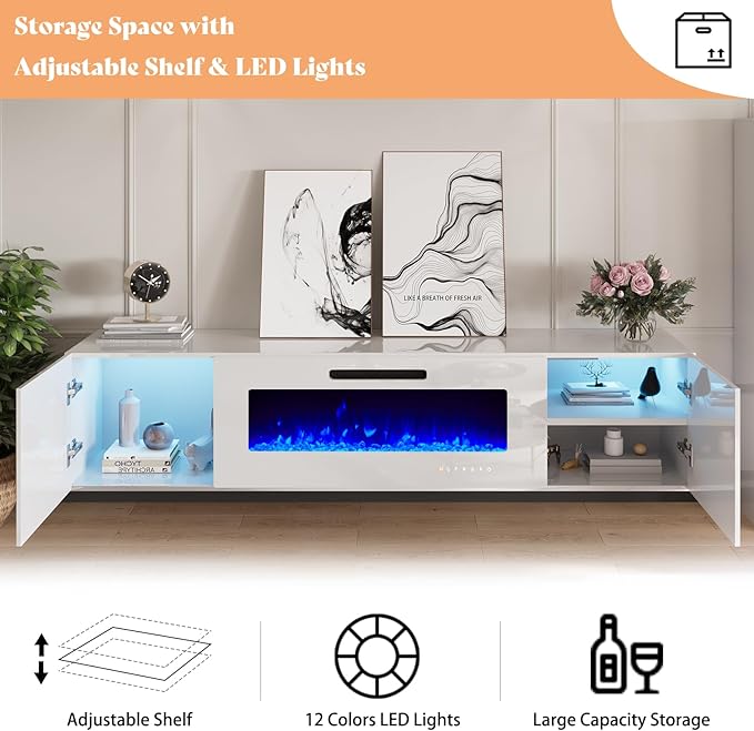 AMERLIFE Floating Fireplace TV Stand, Wall Mounted Mirrored Entertainment Center with 40" Electric Fireplace, Modern LED Lights Media Console for TVs Up to 90", All White