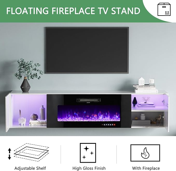 AMERLIFE High Gloss Living Room Entertainment Center with LED Lights, Including Floating Fireplace TV Stand with 40" Electric Fireplace & 2 Bookcases with Glass Doors, White