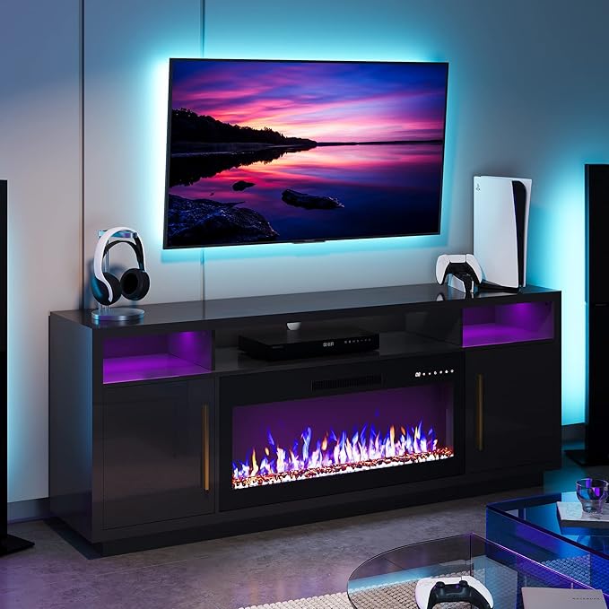 BELLEZE 70" Fireplace TV Stand for TVs Up to 75", LED Light Entertainment Center with 36" Electric Fireplace Heater, Storage Cabinet, Media Console Table for Living Room - Avenue (Black)