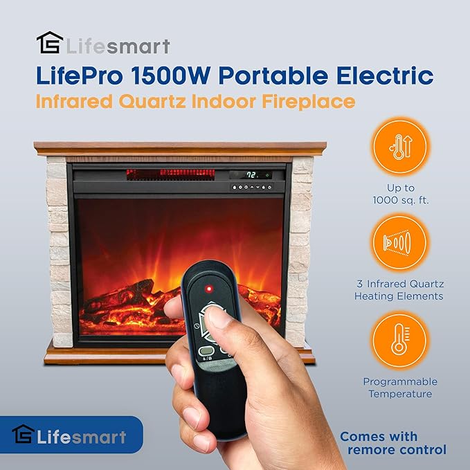 LifeSmart Electric Fireplace Heater, 1500 Watts, 3 Heating Elements, Faux Stone & Oak Wood