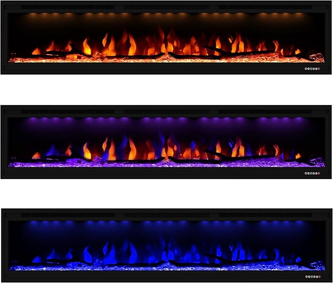 Luxurious 74" Electric Fireplace, Wall Mounted&in Wall Recessed Fireplace Heater, Adjustable Flame Color & Top Light, Remote&Touch Control with Timer&Thermostat, Log & Crystal Set