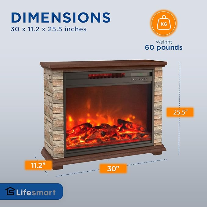 LifeSmart Electric Fireplace Heater, 1500 Watts, 3 Heating Elements, Faux Stone & Oak Wood