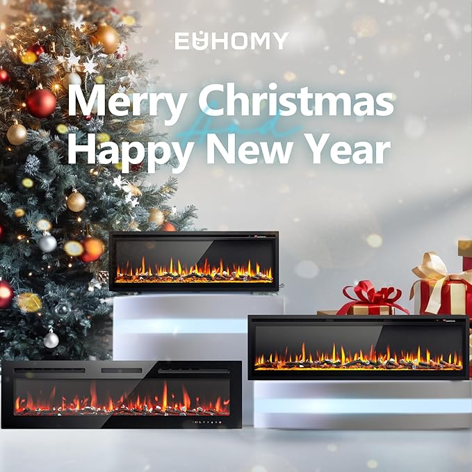 EUHOMY 50 Inch Electric Fireplace Wall Recessed and Wall Mounted with Adjustable Flame Color, Fireplace Heater with Remote Control, Linear Fireplace with Timer, Touch Screen, Log & Crystal, 750/1500W