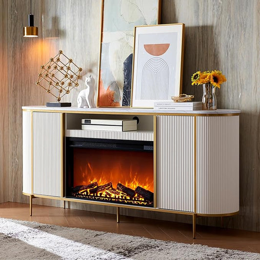 OKD Luxury 70" Fluted Fireplace TV Stand, Modern Chic Entertainment Center for TVs Up to 80 inches, TV Console with Faux Marble Top, Curved Profile Design, Media Console for Living Room, Off White