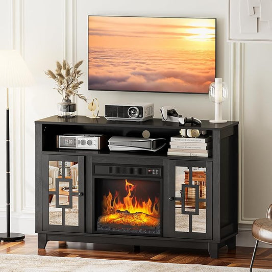 VINGLI Fireplace TV Stand for TVs up to 60'', Mirrored Media Entertainment Center Console Table with 18'' Electric Fireplace, Entertainment Center with Glass Door & Storage Cabinet, Black