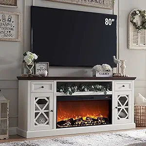 Farmhouse Fireplace TV Stand with 36" Electric Fireplace for 80 Inch TVs, 31" Tall Entertainment Center w/Drawer & Diamond Panel Door, Highboy Media Console for Living Room, 70inch, White