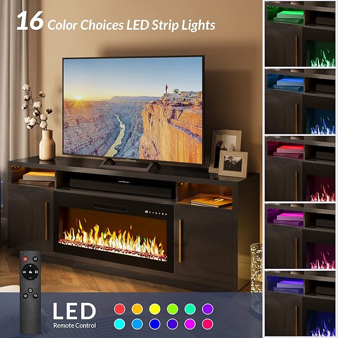 BELLEZE 70" Fireplace TV Stand for TVs Up to 75", LED Light Entertainment Center with 36" Electric Fireplace Heater, Storage Cabinet, Media Console Table for Living Room - Avenue (Black)