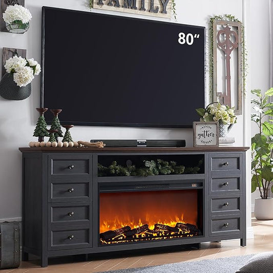 Fireplace TV Stand for TVs up to 80 Inches with 36" Electric Fireplace, 31" Farmhouse Tall Entertainment Center w/Drawer & Adjustable Shelves, Large Media Console for Living Room, 70inch, Dark Grey