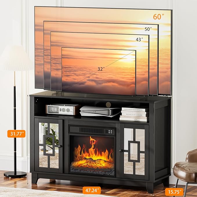 VINGLI Fireplace TV Stand for TVs up to 60'', Mirrored Media Entertainment Center Console Table with 18'' Electric Fireplace, Entertainment Center with Glass Door ＆ Storage Cabinet, Black