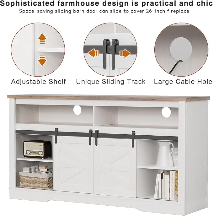 YESHOMY Fireplace TV Stand for Television up to 65+ Inch with Storage and Farmhouse Sliding Barn Doors, Entertainment Center with Cabinet and Shelves, Media Console for Living Room, White