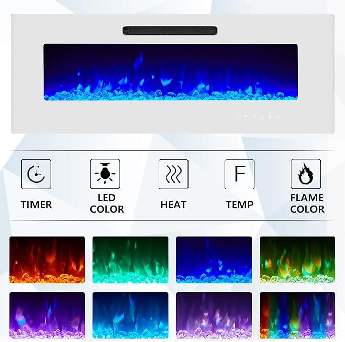 AMERLIFE Floating Fireplace TV Stand, Wall Mounted Mirrored Entertainment Center with 40" Electric Fireplace, Modern LED Lights Media Console for TVs Up to 90", All White
