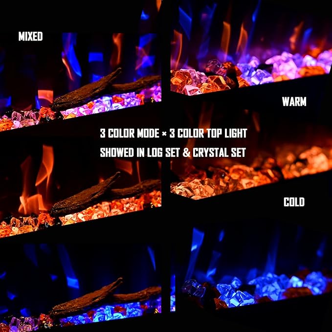 Luxurious 74" Electric Fireplace, Wall Mounted&in Wall Recessed Fireplace Heater, Adjustable Flame Color & Top Light, Remote&Touch Control with Timer&Thermostat, Log & Crystal Set