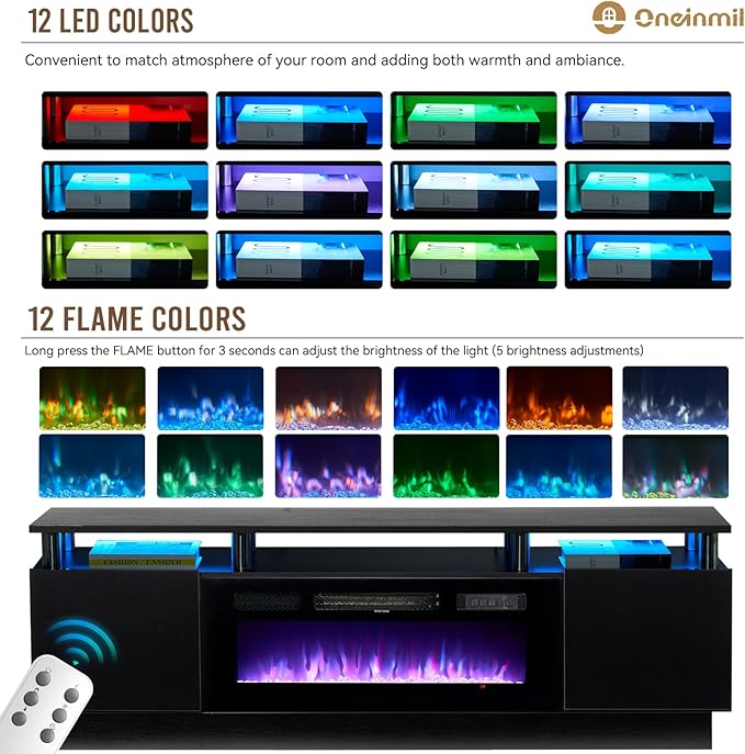 oneinmil 70" Modern Electric Fireplace TV Stand for TVs Up to 80 inch, with Electronic Flame and LED Lights, Luxury High Gloss Finish Entertainment Center, TV Console Cabinet for Living Room, Black