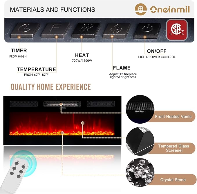 oneinmil 70" Modern Electric Fireplace TV Stand for TVs Up to 80 inch, with Electronic Flame and LED Lights, Luxury High Gloss Finish Entertainment Center, TV Console Cabinet for Living Room, Black