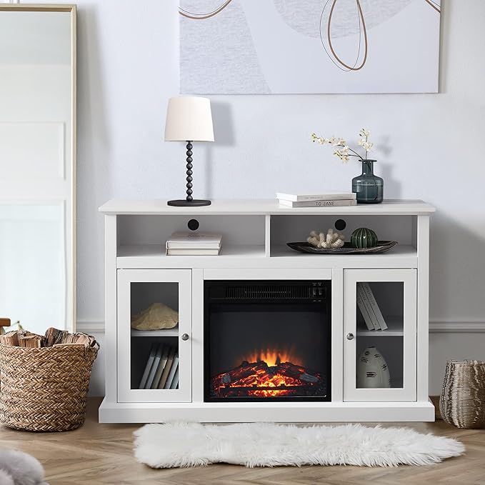 Modern Electric Fireplace TV Stand for TV's Up to 55" Media Entertainment Center Console with Insert Fireplace and Adjustable Shelves, Storage Cabinet Chest for Living Room (White, 55 inch)