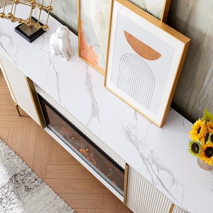 OKD Luxury 70" Fluted Fireplace TV Stand, Modern Chic Entertainment Center for TVs Up to 80 inches, TV Console with Faux Marble Top, Curved Profile Design, Media Console for Living Room, Off White
