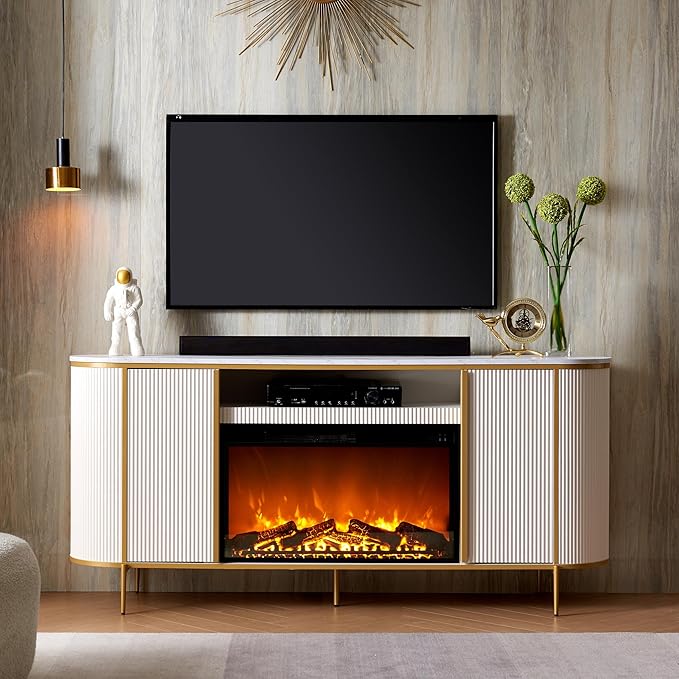 OKD Luxury 70" Fluted Fireplace TV Stand, Modern Chic Entertainment Center for TVs Up to 80 inches, TV Console with Faux Marble Top, Curved Profile Design, Media Console for Living Room, Off White