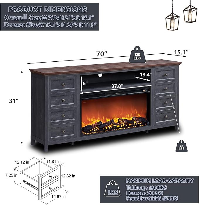 Fireplace TV Stand for TVs up to 80 Inches with 36" Electric Fireplace, 31" Farmhouse Tall Entertainment Center w/Drawer & Adjustable Shelves, Large Media Console for Living Room, 70inch, Dark Grey