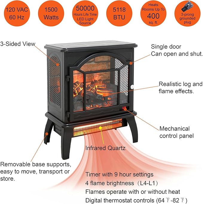 SOFTSEA 18" 3D Flame Electric Infrared Quartz Fireplace Stove with Remote Control, Back Wall Tile Design Flame Colors Effect with 4 Adjustable Brightness, 1500W Heater and 11 Temperature Settings