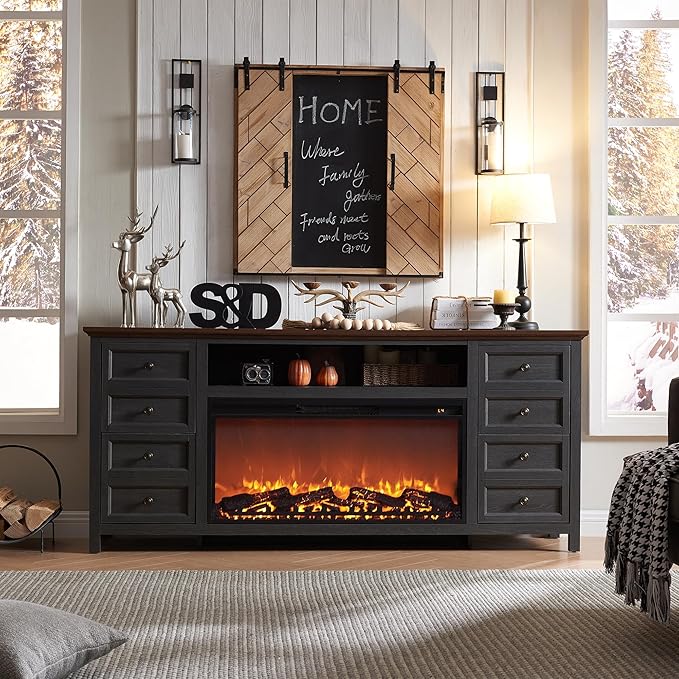 Fireplace TV Stand for TVs up to 80 Inches with 36" Electric Fireplace, 31" Farmhouse Tall Entertainment Center w/Drawer & Adjustable Shelves, Large Media Console for Living Room, 70inch, Dark Grey